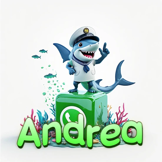 Fondo marino con un tiburón capitán sobre un cubo verde de WhatsApp. Arrecifes de coral, peces y burbujas. Nombre en verde claro en la parte delantera del cubo. Diseño con el nombre Andrea.