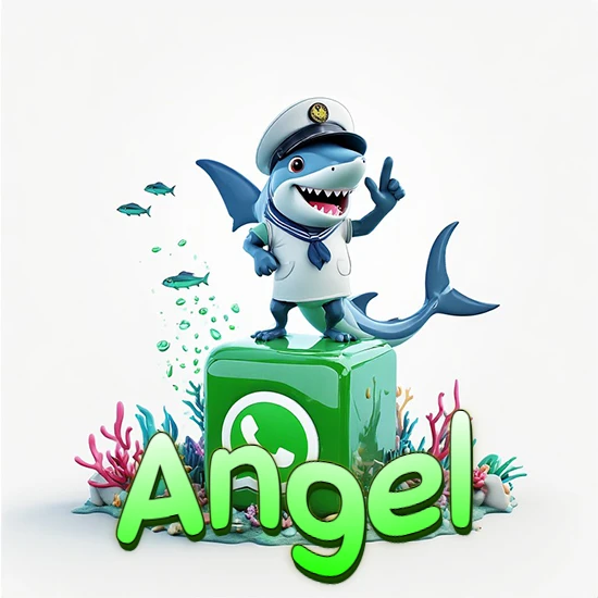Fondo marino con un tiburón capitán sobre un cubo verde de WhatsApp. Arrecifes de coral, peces y burbujas. Nombre en verde claro en la parte delantera del cubo. Diseño con el nombre Angel.