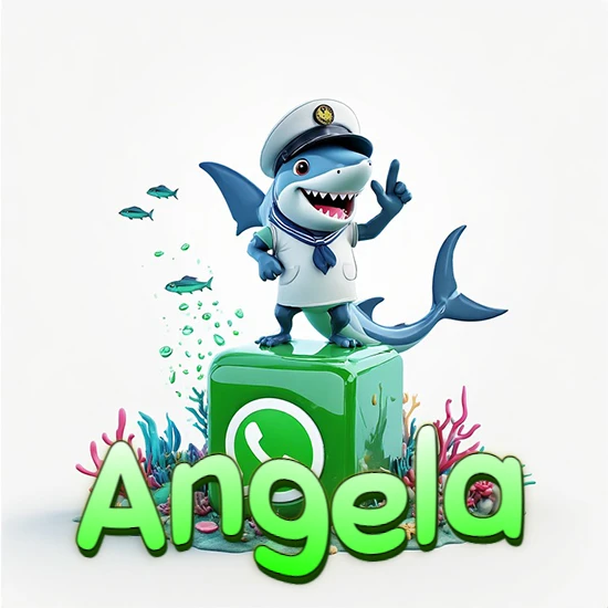 Fondo marino con un tiburón capitán sobre un cubo verde de WhatsApp. Arrecifes de coral, peces y burbujas. Nombre en verde claro en la parte delantera del cubo. Diseño con el nombre Angela.