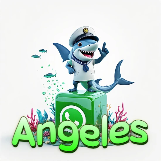 Fondo marino con un tiburón capitán sobre un cubo verde de WhatsApp. Arrecifes de coral, peces y burbujas. Nombre en verde claro en la parte delantera del cubo. Diseño con el nombre Angeles.