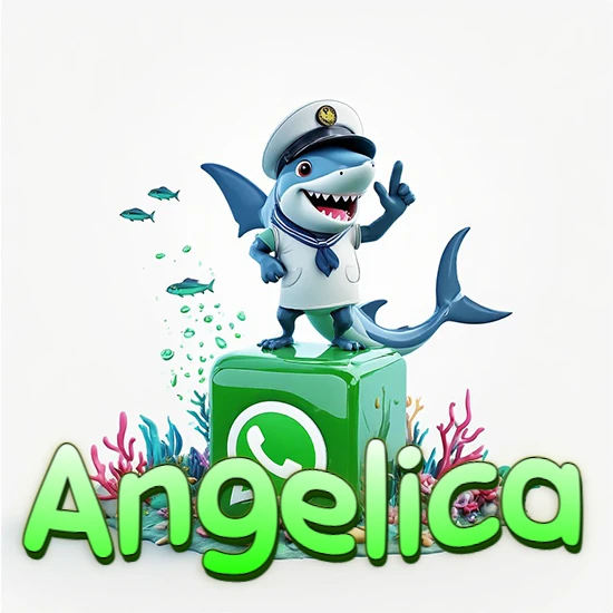 Fondo marino con un tiburón capitán sobre un cubo verde de WhatsApp. Arrecifes de coral, peces y burbujas. Nombre en verde claro en la parte delantera del cubo. Diseño con el nombre Angelica.