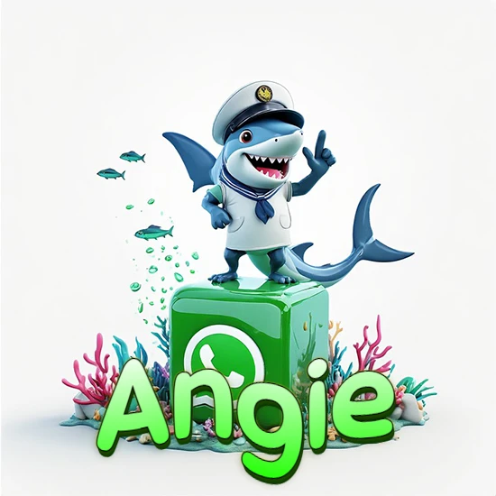 Fondo marino con un tiburón capitán sobre un cubo verde de WhatsApp. Arrecifes de coral, peces y burbujas. Nombre en verde claro en la parte delantera del cubo. Diseño con el nombre Angie.
