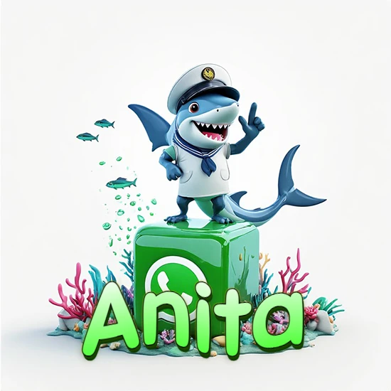 Fondo marino con un tiburón capitán sobre un cubo verde de WhatsApp. Arrecifes de coral, peces y burbujas. Nombre en verde claro en la parte delantera del cubo. Diseño con el nombre Anita.