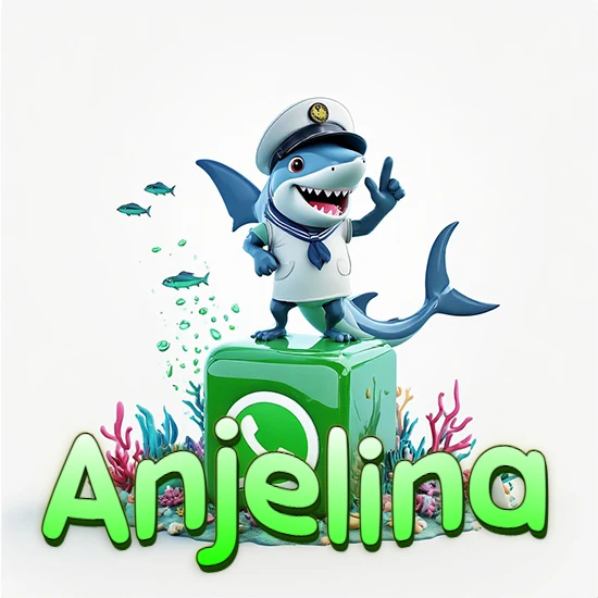 Fondo marino con un tiburón capitán sobre un cubo verde de WhatsApp. Arrecifes de coral, peces y burbujas. Nombre en verde claro en la parte delantera del cubo. Diseño con el nombre Anjelina.
