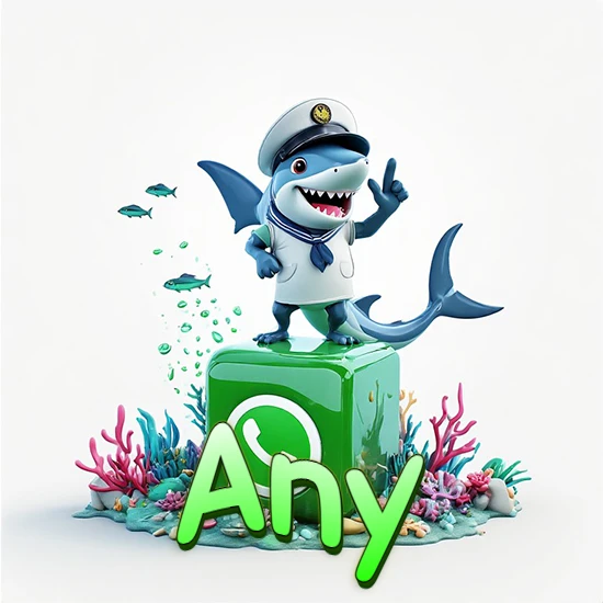Fondo marino con un tiburón capitán sobre un cubo verde de WhatsApp. Arrecifes de coral, peces y burbujas. Nombre en verde claro en la parte delantera del cubo. Diseño con el nombre Any.
