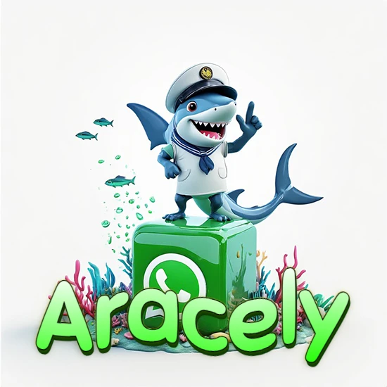 Fondo marino con un tiburón capitán sobre un cubo verde de WhatsApp. Arrecifes de coral, peces y burbujas. Nombre en verde claro en la parte delantera del cubo. Diseño con el nombre Aracely.