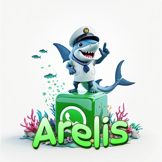Fondo marino con un tiburón capitán sobre un cubo verde de WhatsApp. Arrecifes de coral, peces y burbujas. Nombre en verde claro en la parte delantera del cubo. Diseño con el nombre Arelis.