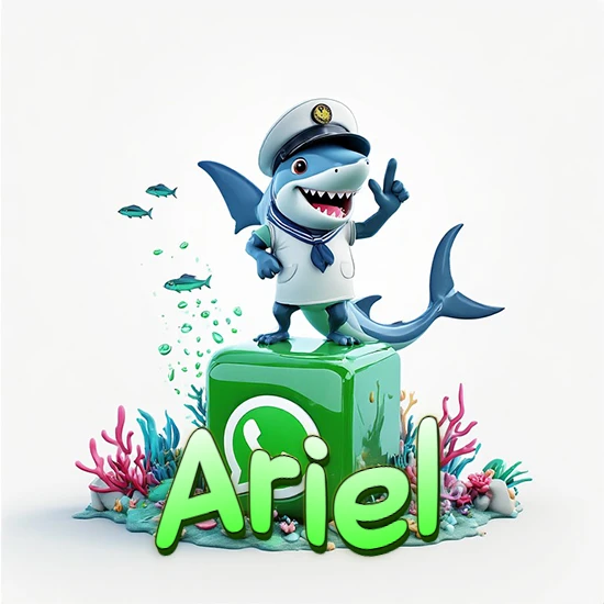 Fondo marino con un tiburón capitán sobre un cubo verde de WhatsApp. Arrecifes de coral, peces y burbujas. Nombre en verde claro en la parte delantera del cubo. Diseño con el nombre Ariel.