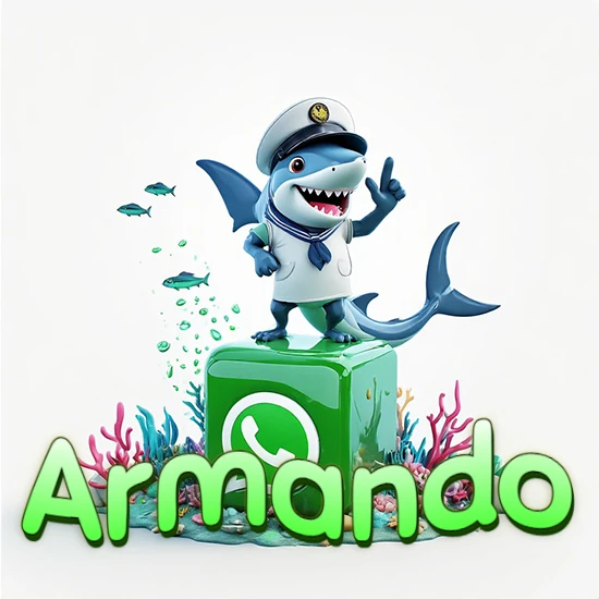 Fondo marino con un tiburón capitán sobre un cubo verde de WhatsApp. Arrecifes de coral, peces y burbujas. Nombre en verde claro en la parte delantera del cubo. Diseño con el nombre Armando.