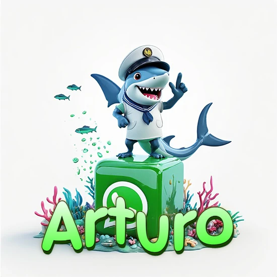 Fondo marino con un tiburón capitán sobre un cubo verde de WhatsApp. Arrecifes de coral, peces y burbujas. Nombre en verde claro en la parte delantera del cubo. Diseño con el nombre Arturo.