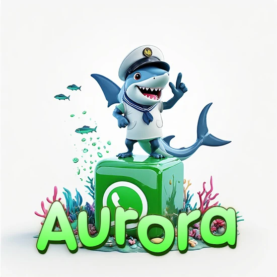 Fondo marino con un tiburón capitán sobre un cubo verde de WhatsApp. Arrecifes de coral, peces y burbujas. Nombre en verde claro en la parte delantera del cubo. Diseño con el nombre Aurora.