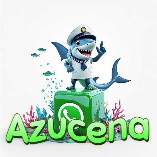 Fondo marino con un tiburón capitán sobre un cubo verde de WhatsApp. Arrecifes de coral, peces y burbujas. Nombre en verde claro en la parte delantera del cubo. Diseño con el nombre Azucena.