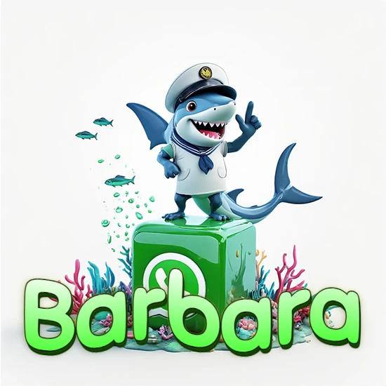 Fondo marino con un tiburón capitán sobre un cubo verde de WhatsApp. Arrecifes de coral, peces y burbujas. Nombre en verde claro en la parte delantera del cubo. Diseño con el nombre Barbara.