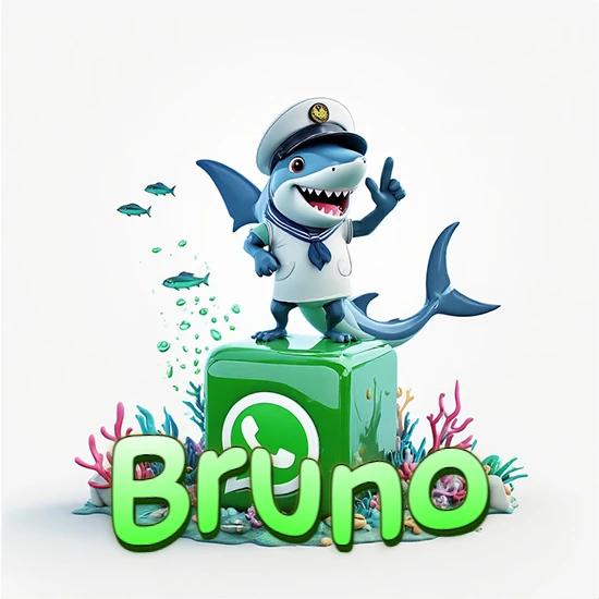 Fondo marino con un tiburón capitán sobre un cubo verde de WhatsApp. Arrecifes de coral, peces y burbujas. Nombre en verde claro en la parte delantera del cubo. Diseño con el nombre Bruno.