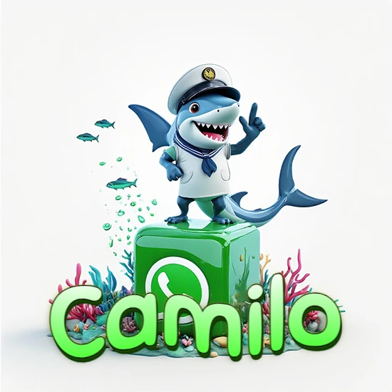 Fondo marino con un tiburón capitán sobre un cubo verde de WhatsApp. Arrecifes de coral, peces y burbujas. Nombre en verde claro en la parte delantera del cubo. Diseño con el nombre Camilo.