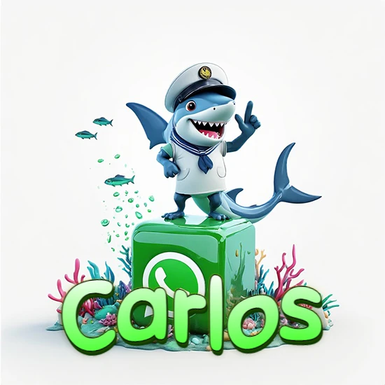 Fondo marino con un tiburón capitán sobre un cubo verde de WhatsApp. Arrecifes de coral, peces y burbujas. Nombre en verde claro en la parte delantera del cubo. Diseño con el nombre Carlos.