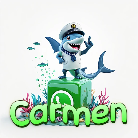 Fondo marino con un tiburón capitán sobre un cubo verde de WhatsApp. Arrecifes de coral, peces y burbujas. Nombre en verde claro en la parte delantera del cubo. Diseño con el nombre Carmen.