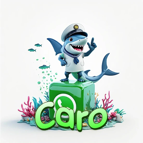 Fondo marino con un tiburón capitán sobre un cubo verde de WhatsApp. Arrecifes de coral, peces y burbujas. Nombre en verde claro en la parte delantera del cubo. Diseño con el nombre Caro.