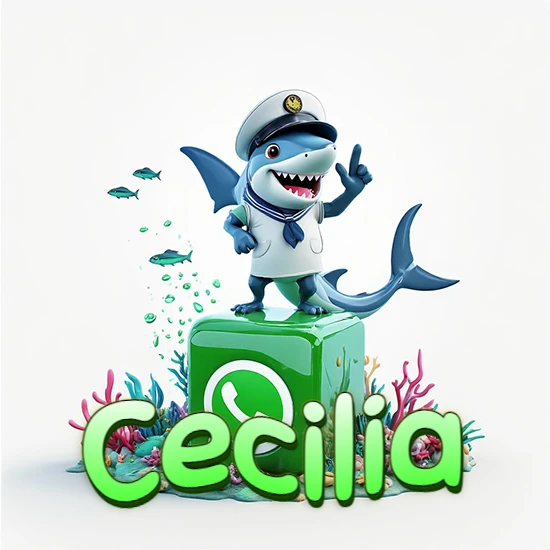 Fondo marino con un tiburón capitán sobre un cubo verde de WhatsApp. Arrecifes de coral, peces y burbujas. Nombre en verde claro en la parte delantera del cubo. Diseño con el nombre Cecilia.