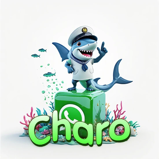 Fondo marino con un tiburón capitán sobre un cubo verde de WhatsApp. Arrecifes de coral, peces y burbujas. Nombre en verde claro en la parte delantera del cubo. Diseño con el nombre Charo.