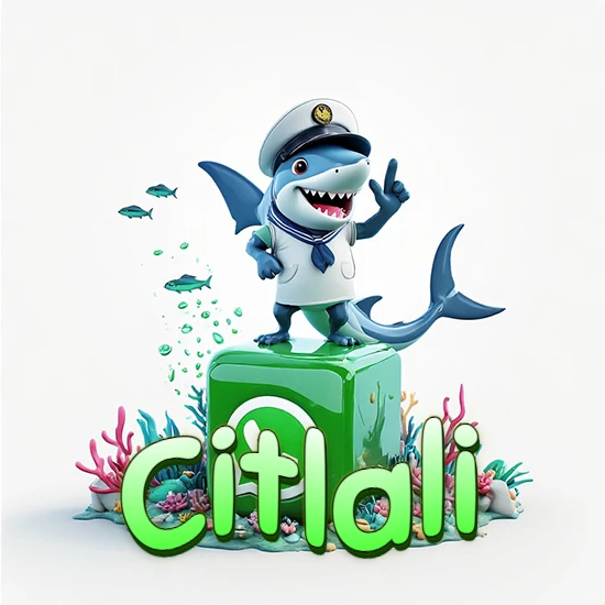 Fondo marino con un tiburón capitán sobre un cubo verde de WhatsApp. Arrecifes de coral, peces y burbujas. Nombre en verde claro en la parte delantera del cubo. Diseño con el nombre Citlali.