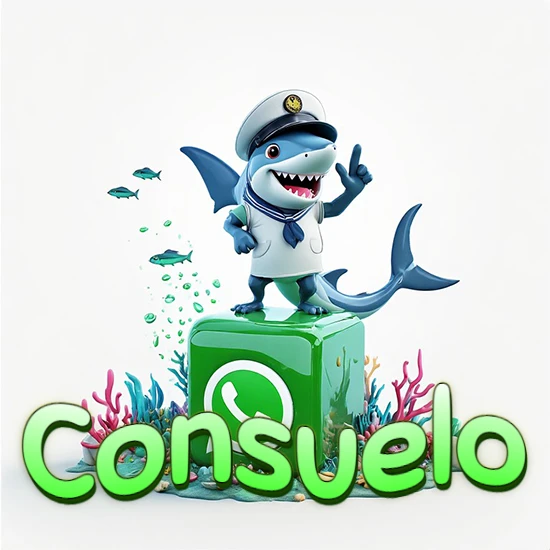 Fondo marino con un tiburón capitán sobre un cubo verde de WhatsApp. Arrecifes de coral, peces y burbujas. Nombre en verde claro en la parte delantera del cubo. Diseño con el nombre Consuelo.