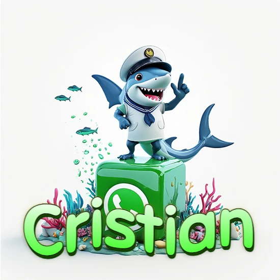 Fondo marino con un tiburón capitán sobre un cubo verde de WhatsApp. Arrecifes de coral, peces y burbujas. Nombre en verde claro en la parte delantera del cubo. Diseño con el nombre Cristian.