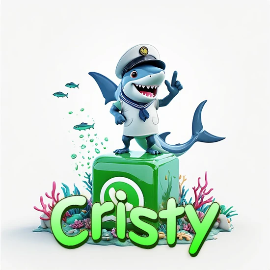 Fondo marino con un tiburón capitán sobre un cubo verde de WhatsApp. Arrecifes de coral, peces y burbujas. Nombre en verde claro en la parte delantera del cubo. Diseño con el nombre Cristy.