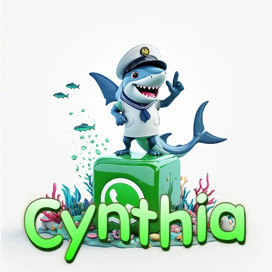 Fondo marino con un tiburón capitán sobre un cubo verde de WhatsApp. Arrecifes de coral, peces y burbujas. Nombre en verde claro en la parte delantera del cubo. Diseño con el nombre Cynthia.