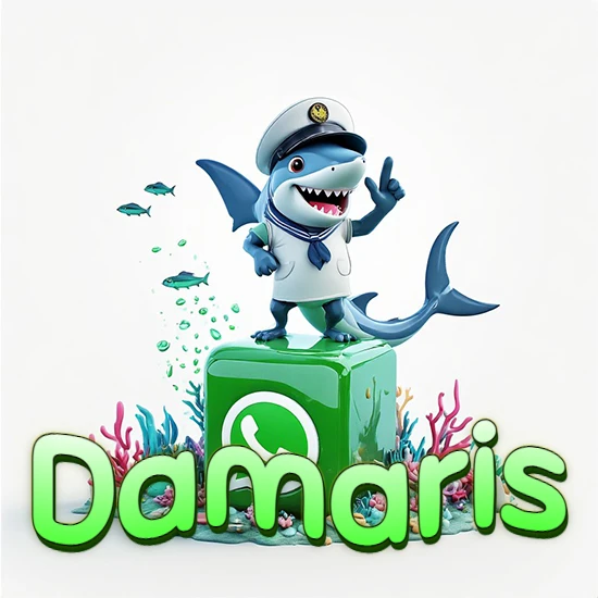 Fondo marino con un tiburón capitán sobre un cubo verde de WhatsApp. Arrecifes de coral, peces y burbujas. Nombre en verde claro en la parte delantera del cubo. Diseño con el nombre Damaris.