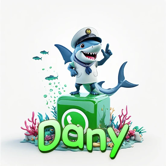 Fondo marino con un tiburón capitán sobre un cubo verde de WhatsApp. Arrecifes de coral, peces y burbujas. Nombre en verde claro en la parte delantera del cubo. Diseño con el nombre Dany.