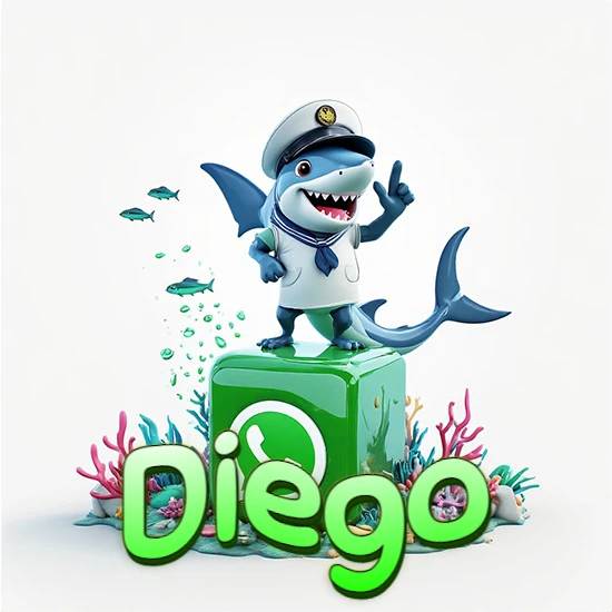Fondo marino con un tiburón capitán sobre un cubo verde de WhatsApp. Arrecifes de coral, peces y burbujas. Nombre en verde claro en la parte delantera del cubo. Diseño con el nombre Diego.
