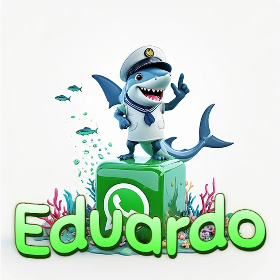 Fondo marino con un tiburón capitán sobre un cubo verde de WhatsApp. Arrecifes de coral, peces y burbujas. Nombre en verde claro en la parte delantera del cubo. Diseño con el nombre Eduardo.