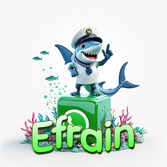 Fondo marino con un tiburón capitán sobre un cubo verde de WhatsApp. Arrecifes de coral, peces y burbujas. Nombre en verde claro en la parte delantera del cubo. Diseño con el nombre Efrain.