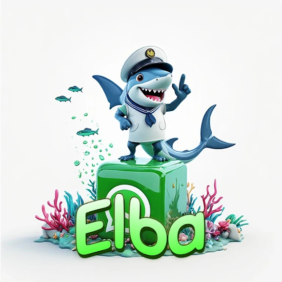 Fondo marino con un tiburón capitán sobre un cubo verde de WhatsApp. Arrecifes de coral, peces y burbujas. Nombre en verde claro en la parte delantera del cubo. Diseño con el nombre Elba.