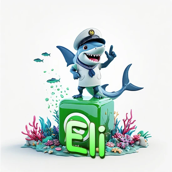 Fondo marino con un tiburón capitán sobre un cubo verde de WhatsApp. Arrecifes de coral, peces y burbujas. Nombre en verde claro en la parte delantera del cubo. Diseño con el nombre Eli.