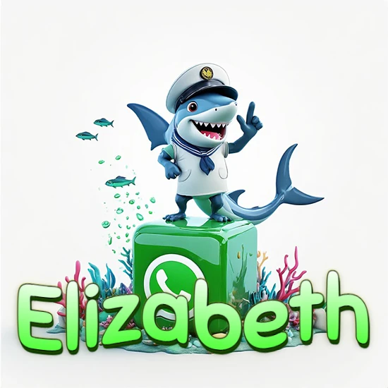 Fondo marino con un tiburón capitán sobre un cubo verde de WhatsApp. Arrecifes de coral, peces y burbujas. Nombre en verde claro en la parte delantera del cubo. Diseño con el nombre Elizabeth.