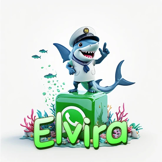 Fondo marino con un tiburón capitán sobre un cubo verde de WhatsApp. Arrecifes de coral, peces y burbujas. Nombre en verde claro en la parte delantera del cubo. Diseño con el nombre Elvira.