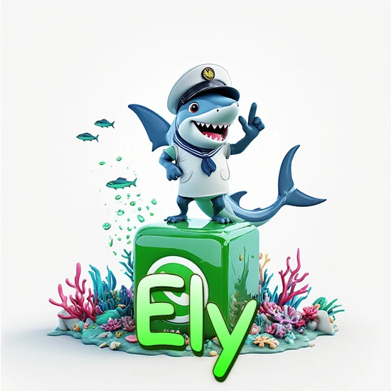 Fondo marino con un tiburón capitán sobre un cubo verde de WhatsApp. Arrecifes de coral, peces y burbujas. Nombre en verde claro en la parte delantera del cubo. Diseño con el nombre Ely.