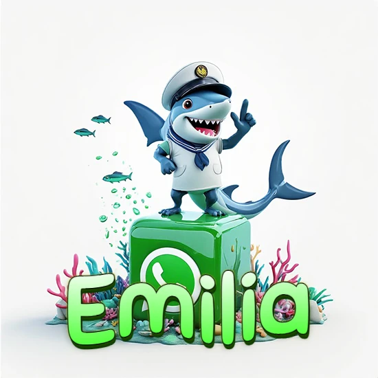 Fondo marino con un tiburón capitán sobre un cubo verde de WhatsApp. Arrecifes de coral, peces y burbujas. Nombre en verde claro en la parte delantera del cubo. Diseño con el nombre Emilia.