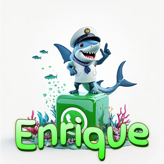 Fondo marino con un tiburón capitán sobre un cubo verde de WhatsApp. Arrecifes de coral, peces y burbujas. Nombre en verde claro en la parte delantera del cubo. Diseño con el nombre Enrique.