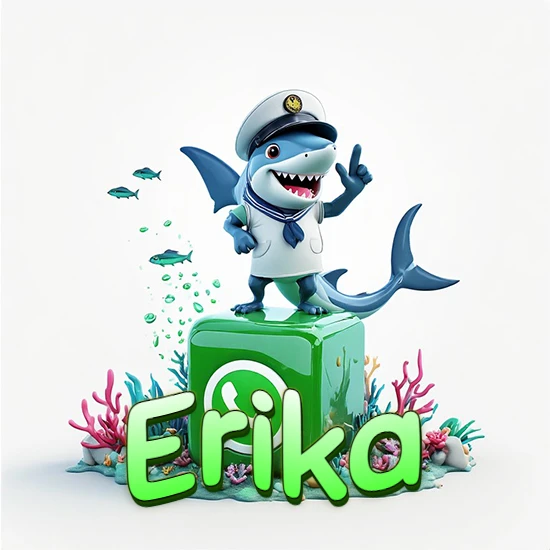 Fondo marino con un tiburón capitán sobre un cubo verde de WhatsApp. Arrecifes de coral, peces y burbujas. Nombre en verde claro en la parte delantera del cubo. Diseño con el nombre Erika.