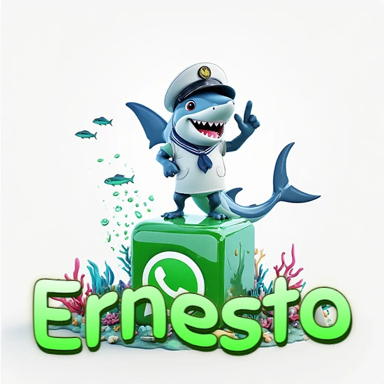 Fondo marino con un tiburón capitán sobre un cubo verde de WhatsApp. Arrecifes de coral, peces y burbujas. Nombre en verde claro en la parte delantera del cubo. Diseño con el nombre Ernesto.