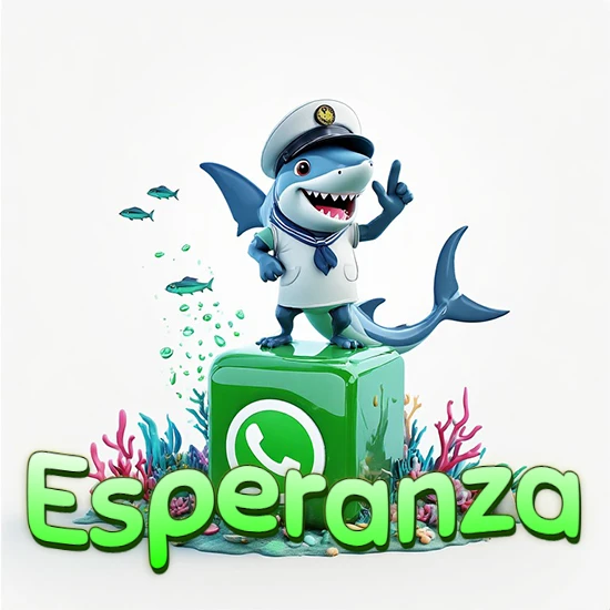 Fondo marino con un tiburón capitán sobre un cubo verde de WhatsApp. Arrecifes de coral, peces y burbujas. Nombre en verde claro en la parte delantera del cubo. Diseño con el nombre Esperanza.
