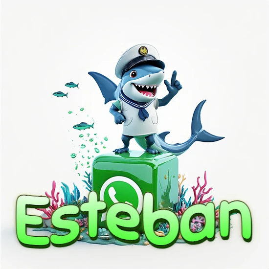 Fondo marino con un tiburón capitán sobre un cubo verde de WhatsApp. Arrecifes de coral, peces y burbujas. Nombre en verde claro en la parte delantera del cubo. Diseño con el nombre Esteban.