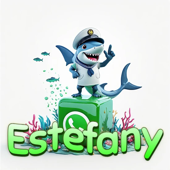 Fondo marino con un tiburón capitán sobre un cubo verde de WhatsApp. Arrecifes de coral, peces y burbujas. Nombre en verde claro en la parte delantera del cubo. Diseño con el nombre Estefany.