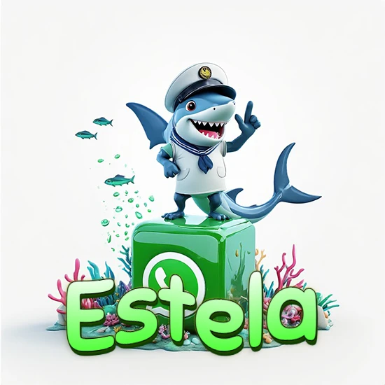 Fondo marino con un tiburón capitán sobre un cubo verde de WhatsApp. Arrecifes de coral, peces y burbujas. Nombre en verde claro en la parte delantera del cubo. Diseño con el nombre Estela.