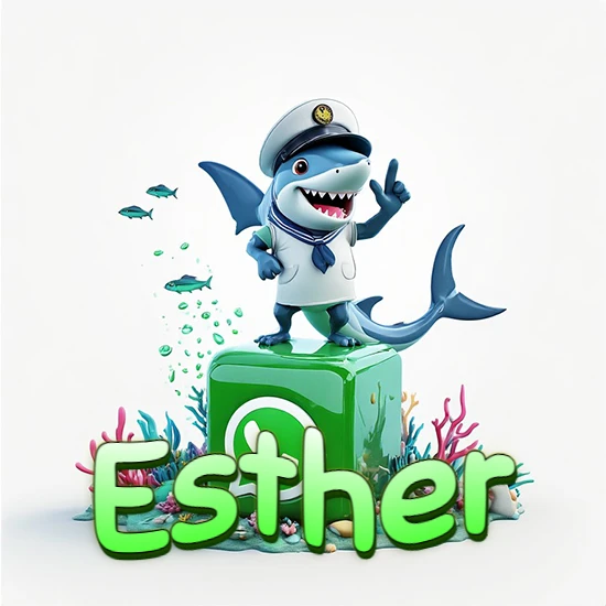 Fondo marino con un tiburón capitán sobre un cubo verde de WhatsApp. Arrecifes de coral, peces y burbujas. Nombre en verde claro en la parte delantera del cubo. Diseño con el nombre Esther.