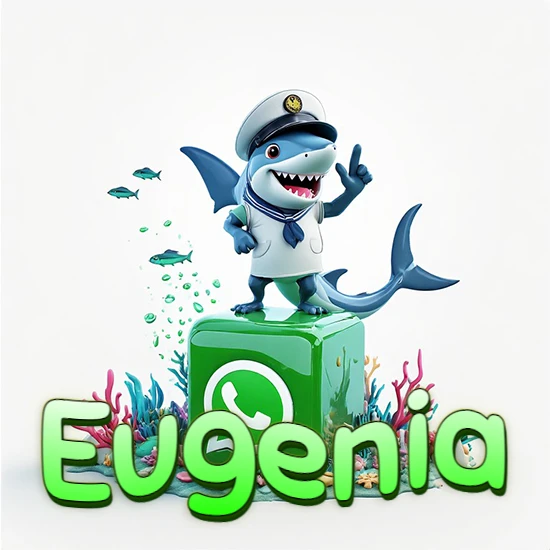 Fondo marino con un tiburón capitán sobre un cubo verde de WhatsApp. Arrecifes de coral, peces y burbujas. Nombre en verde claro en la parte delantera del cubo. Diseño con el nombre Eugenia.