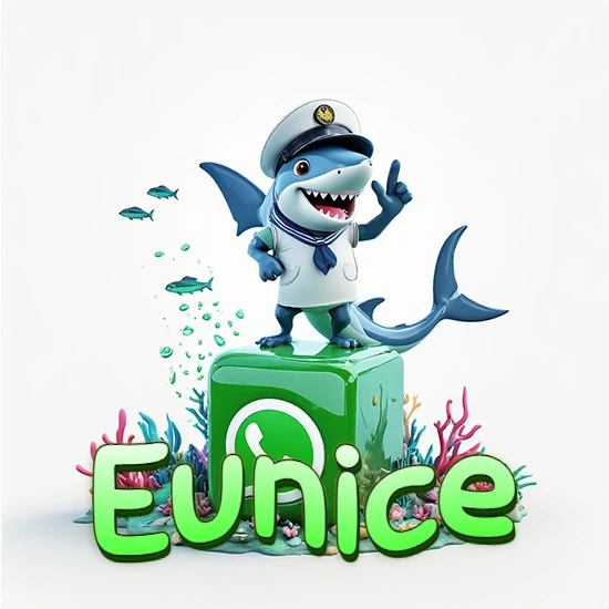 Fondo marino con un tiburón capitán sobre un cubo verde de WhatsApp. Arrecifes de coral, peces y burbujas. Nombre en verde claro en la parte delantera del cubo. Diseño con el nombre Eunice.